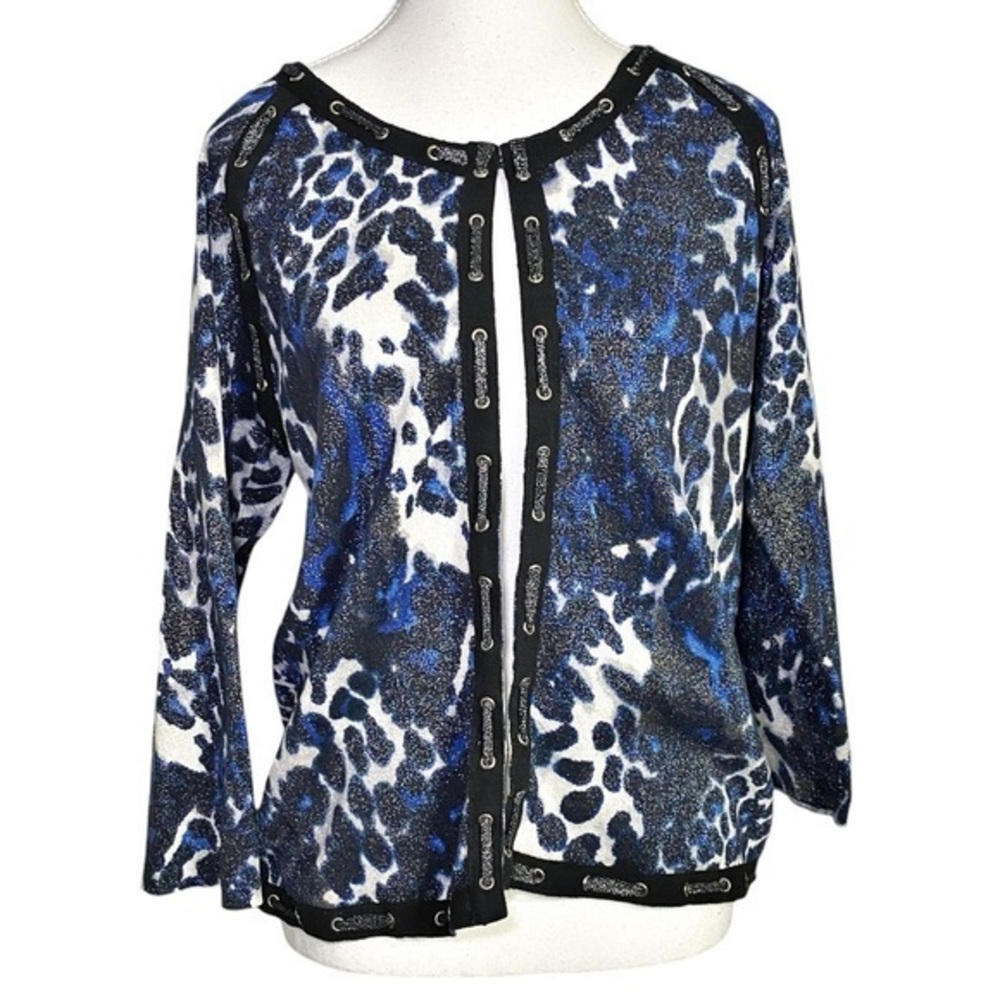 Sharon Young Black and Blue Animal Print Shimmer Long Sleeve Cardigan